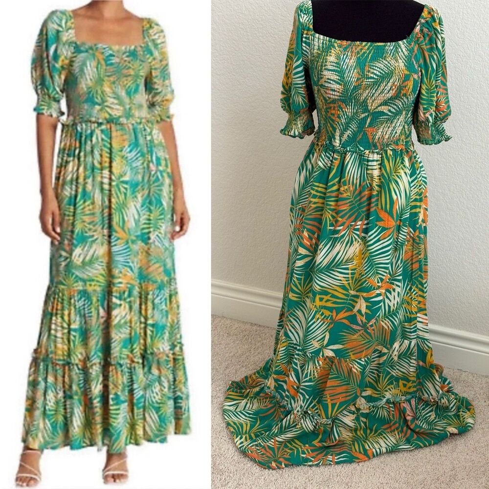 Betsey Johnson Tropical Palm Leaf Print Smocked Ruffled Maxi Dress M Resortwear